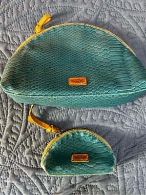 Consuela set Embossed Teal Cosmetic Pouches striped vinyl interior